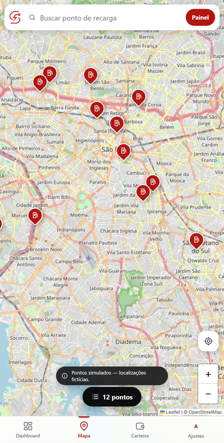 Mapa de São Paulo com doze pontos de recarga marcados, e um aviso de que as localizações são simuladas.